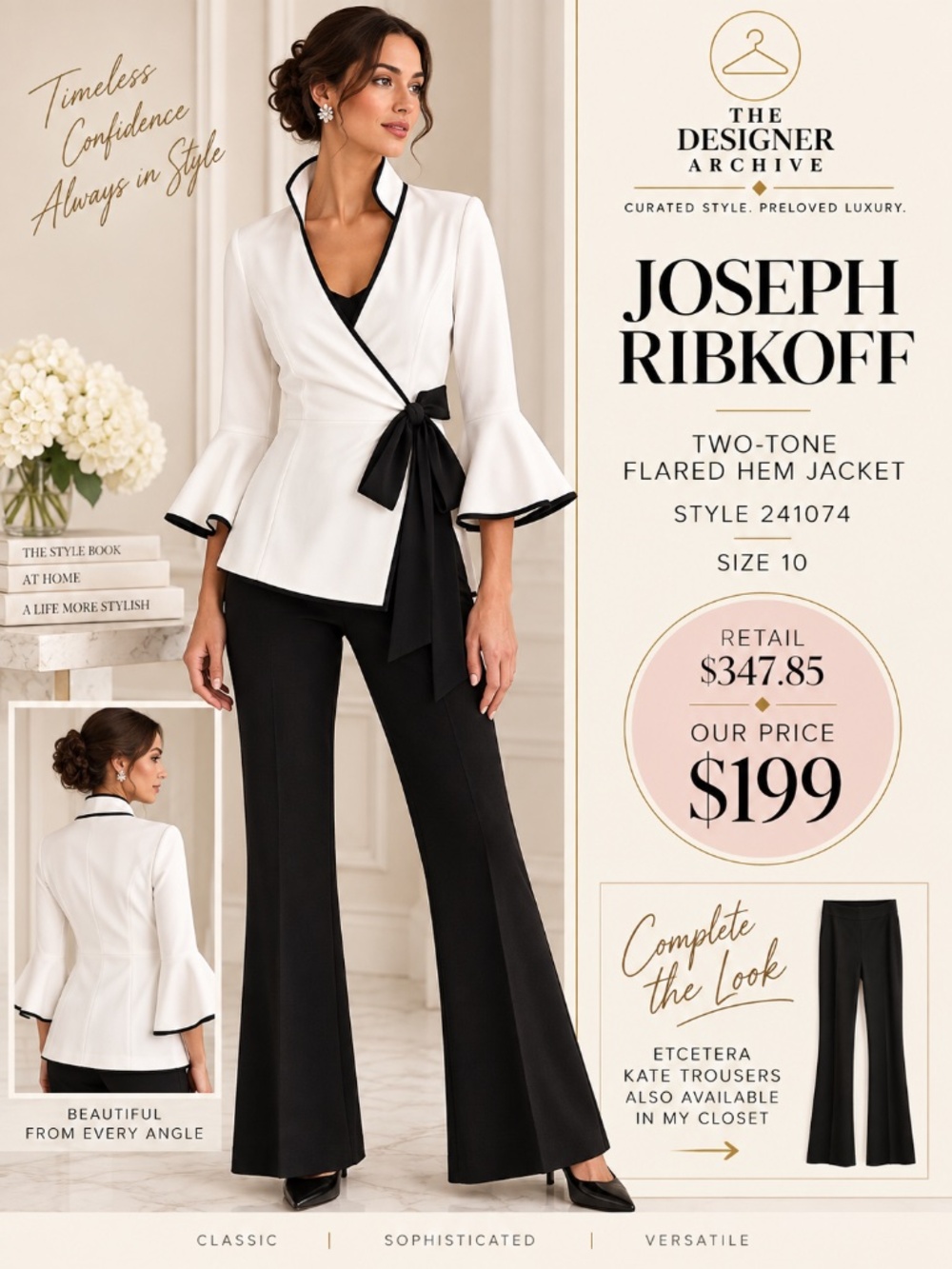 Joseph Ribkoff Two-Tone Flared Hem Wrap Jacket 241074 White Black Sz 10